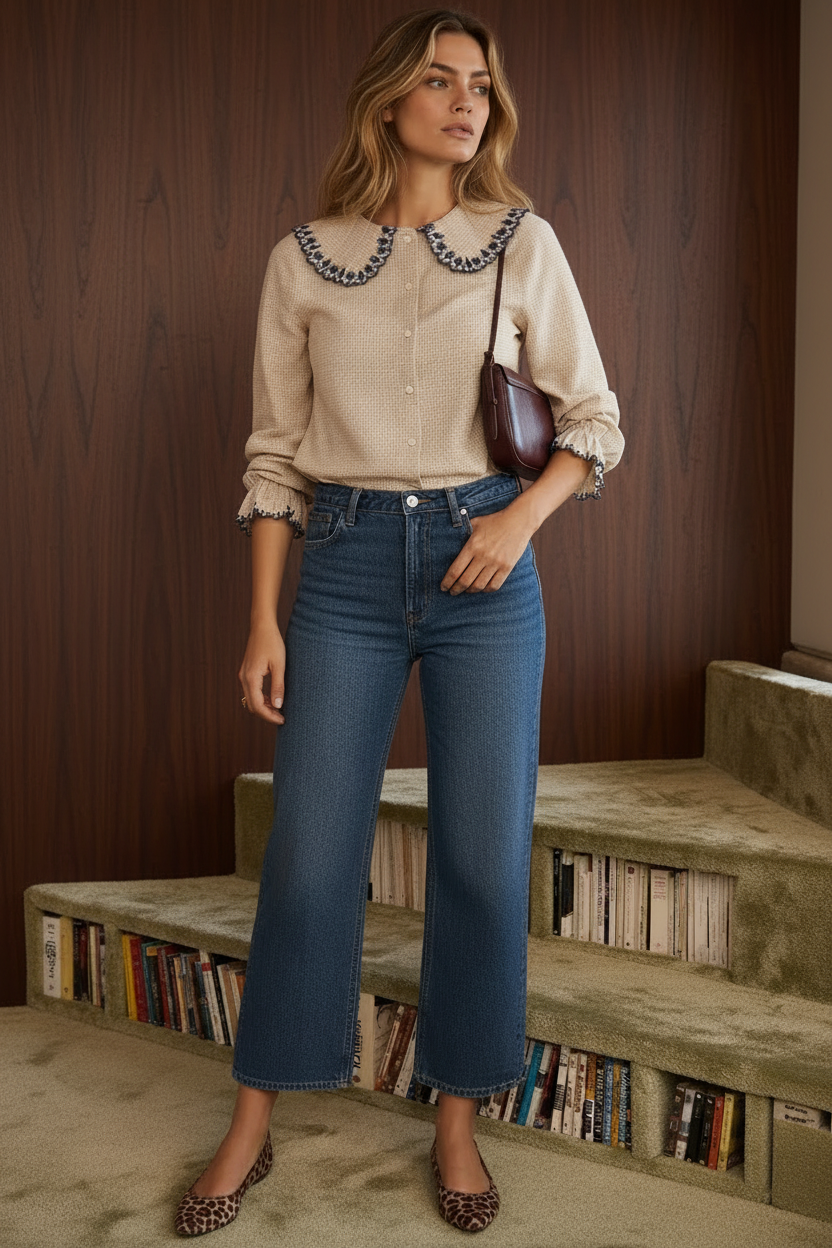 A woman sits on a textured green bench wearing a beige gingham button-up blouse with a large navy and white embroidered Peter Pan collar, paired with blue jeans and a dark brown shoulder bag.