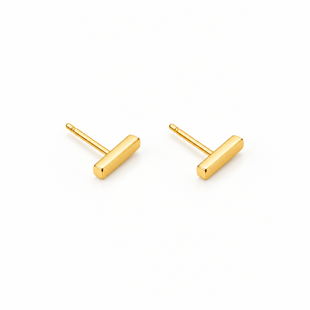 A pair of small gold stud earrings with a simple geometric T-shaped design, shown on a plain white background.