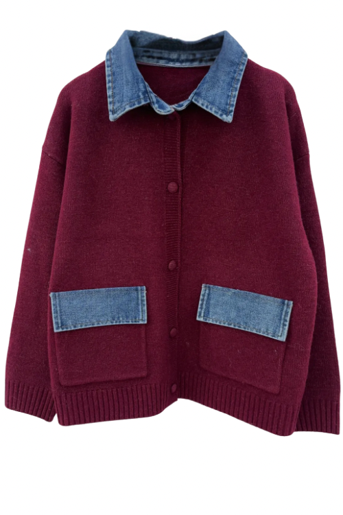 Poppy Wool Blend Denim Mix Burgundy Cardigan Jacket