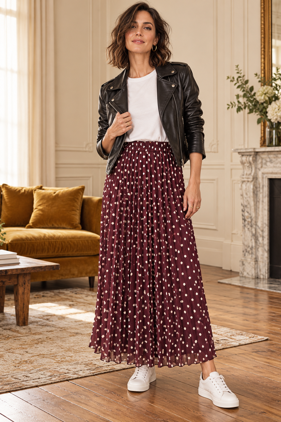 A woman stands in a bright living room wearing a black leather jacket, a white crew-neck top, and a long burgundy pleated skirt with small white polka dots. She is also wearing white sneakers.