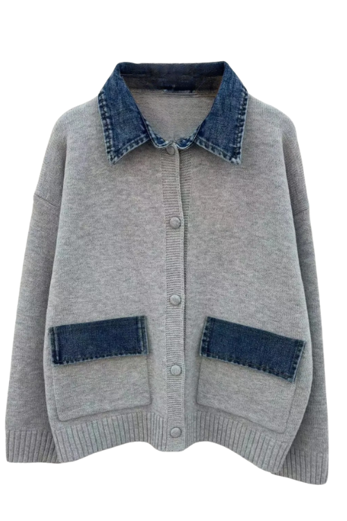 Poppy Wool Blend Denim Mix Grey Cardigan Jacket