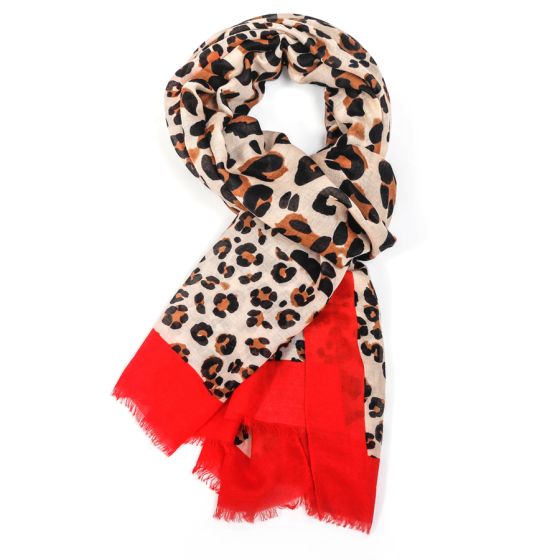 Leo Print Bright Border Scarf | Red