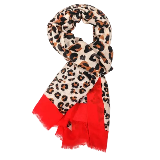 Leo Print Bright Border Scarf | Red
