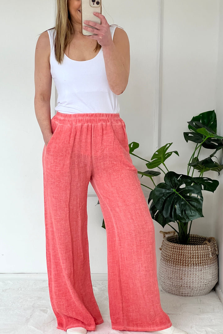 Jelena Washed Linen Trousers | Coral