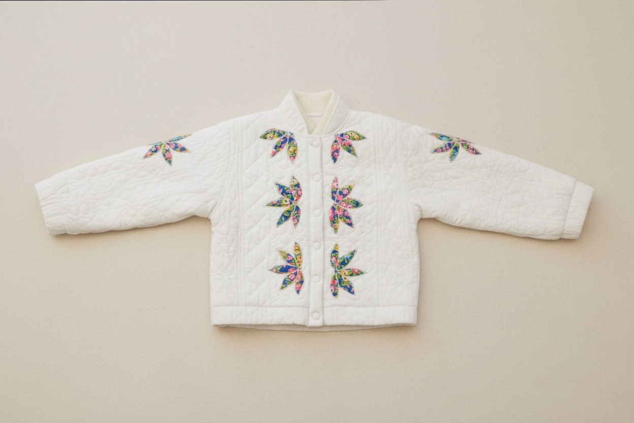 White quilted jacket with colorful floral butterfly patterns on a neutral background