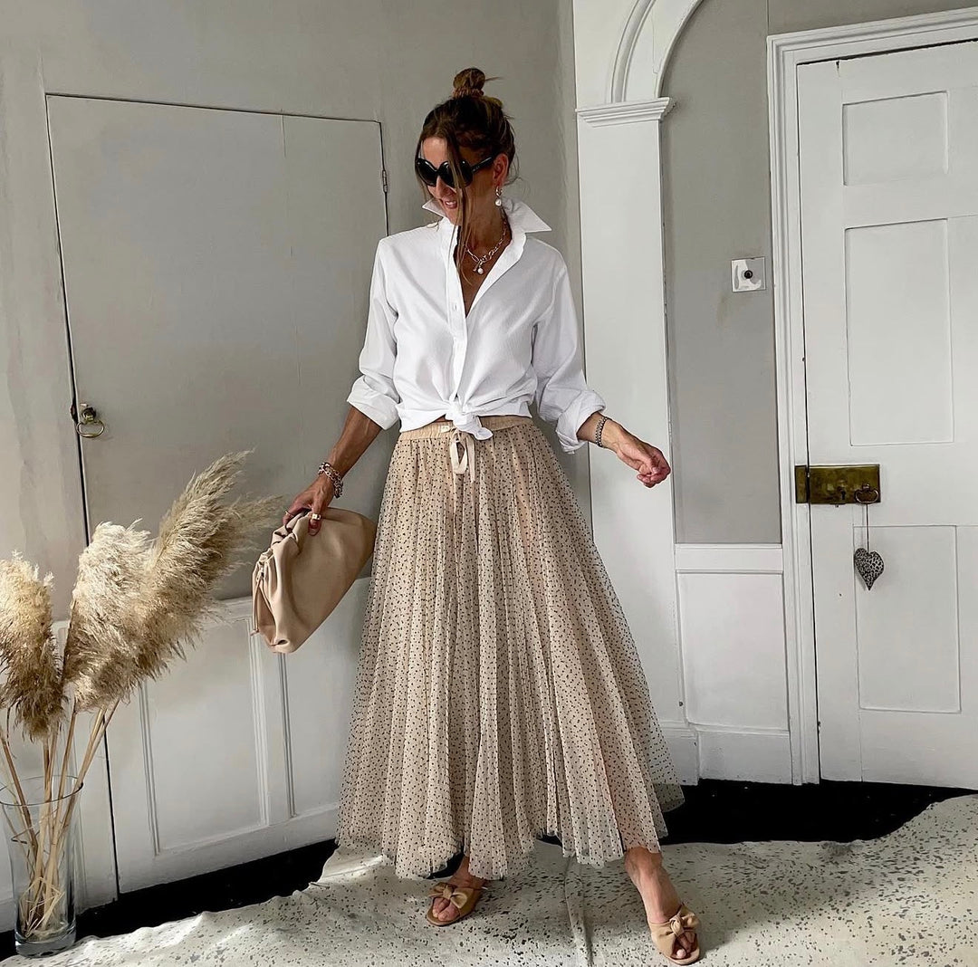 Polka Dot Maxi Tulle Skirt | Creme