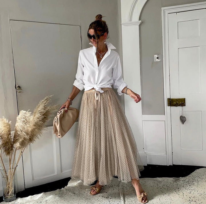 Polka Dot Maxi Tulle Skirt | Creme