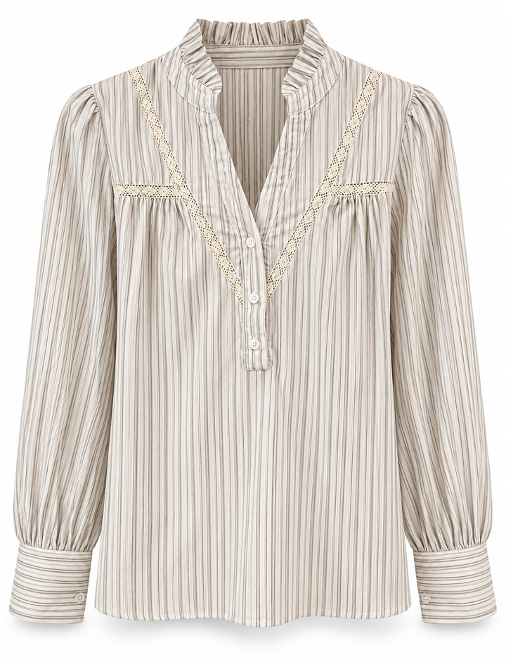Hattie Beige Stripe Embroidered Cotton Blouse