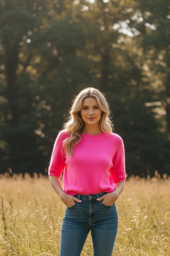 A woman stands in a sunlit grassy field with trees in the background, wearing a bright pink short-sleeve top and blue jeans, photographed from behind.