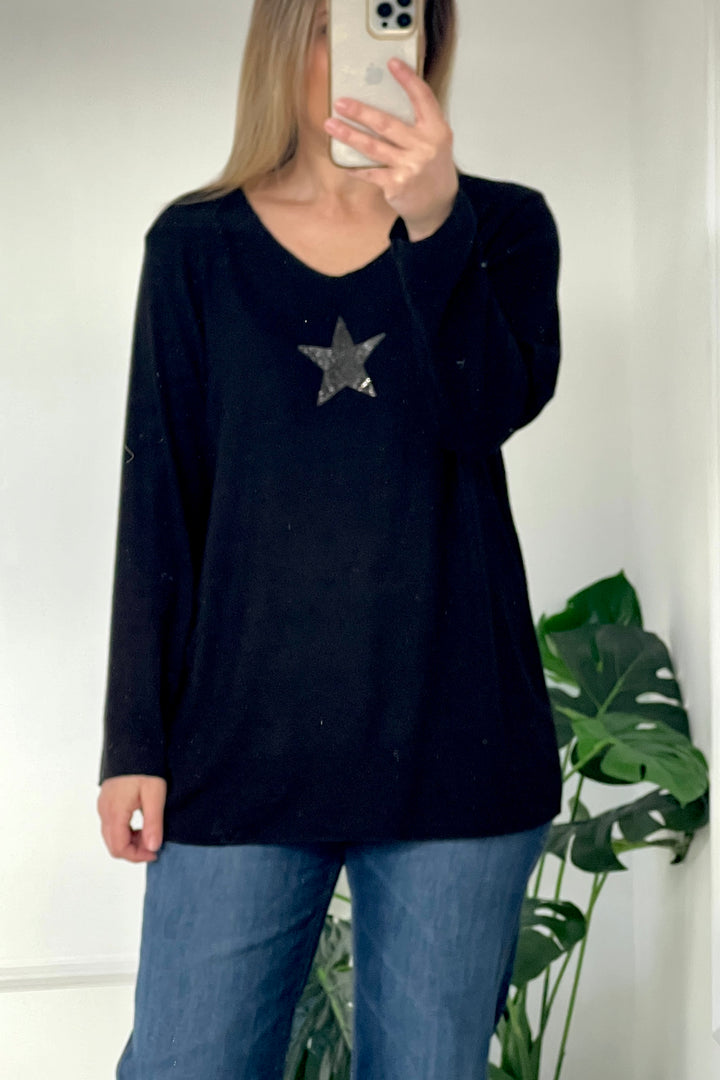 Estelle Star Soft Knit V Neck Jumper | Black