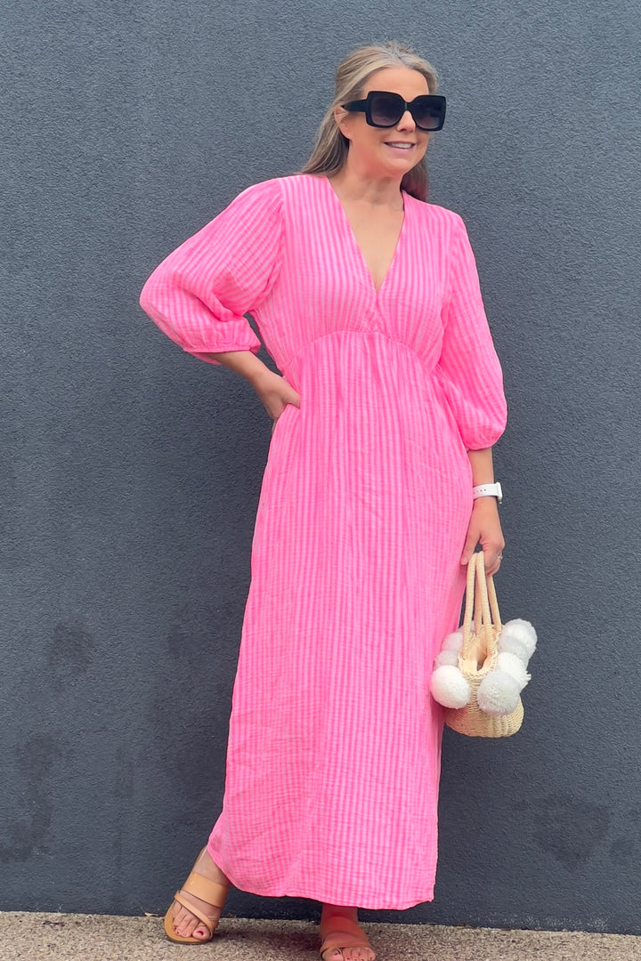 ** PRE ORDER ** Beth Cheesecloth Cotton Dress | Neon Pink Stripe