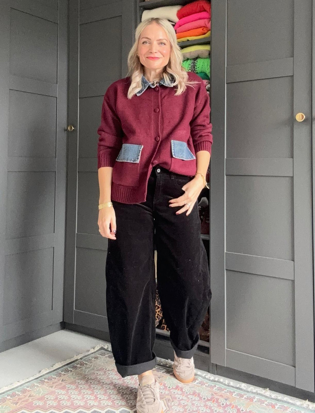 Poppy Wool Blend Denim Mix Burgundy Cardigan Jacket