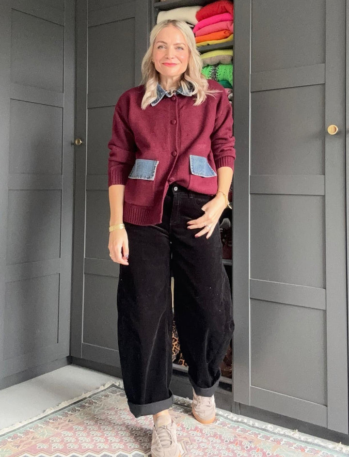 Poppy Wool Blend Denim Mix Burgundy Cardigan Jacket