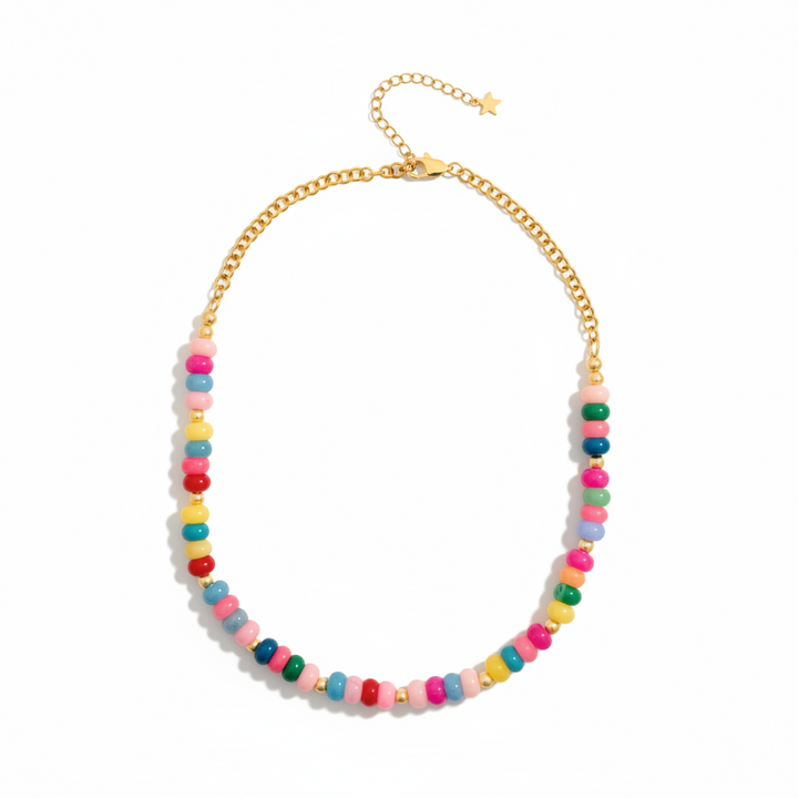 Colorful beaded necklace with a gold chain on a white background