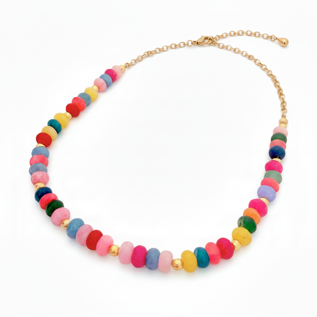 Colorful beaded necklace with a gold chain on a white background