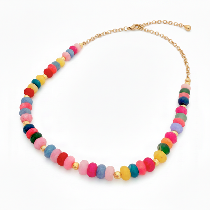 Colorful beaded necklace with a gold chain on a white background