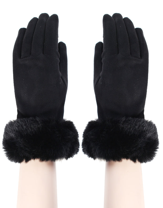 Faux Fur Trim Gloves | Black
