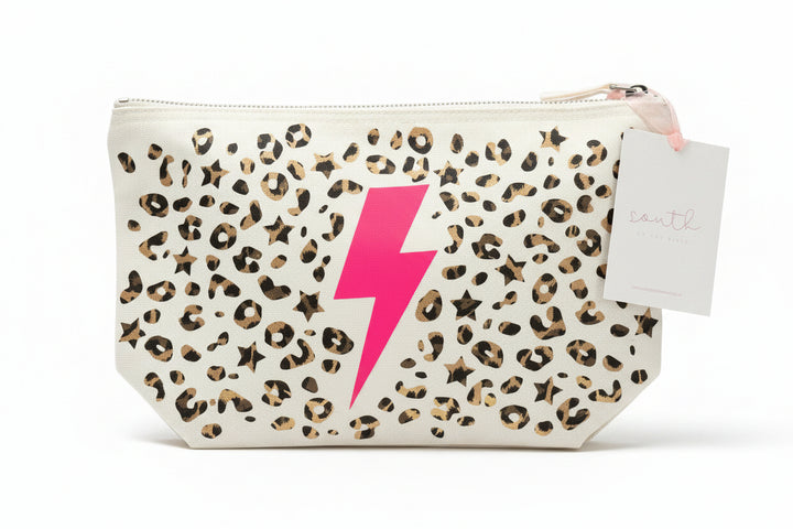 Leopard print pouch with pink lightning bolt on a white background