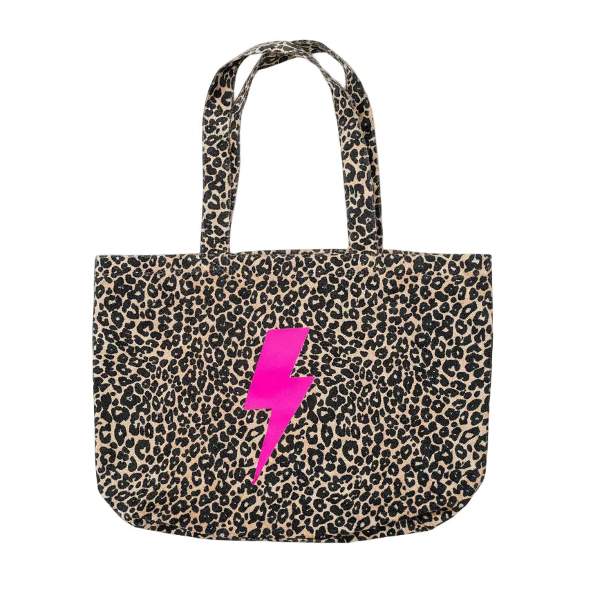 Leopard print tote bag with a pink lightning bolt on a white background