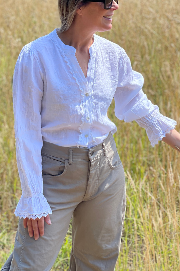 Fliss White Linen Long Sleeve Blouse