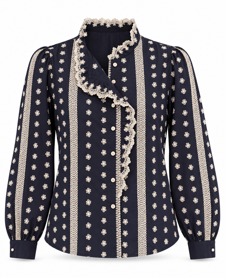 Tempest Navy Embroidered Ruffle Blouse