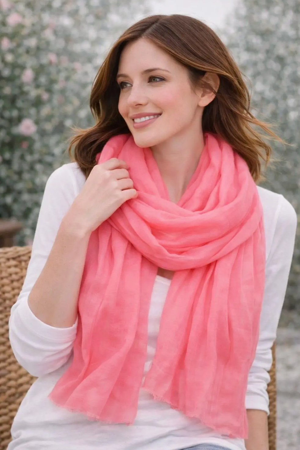 Woman wearing a pink scarf with a blurred floral background