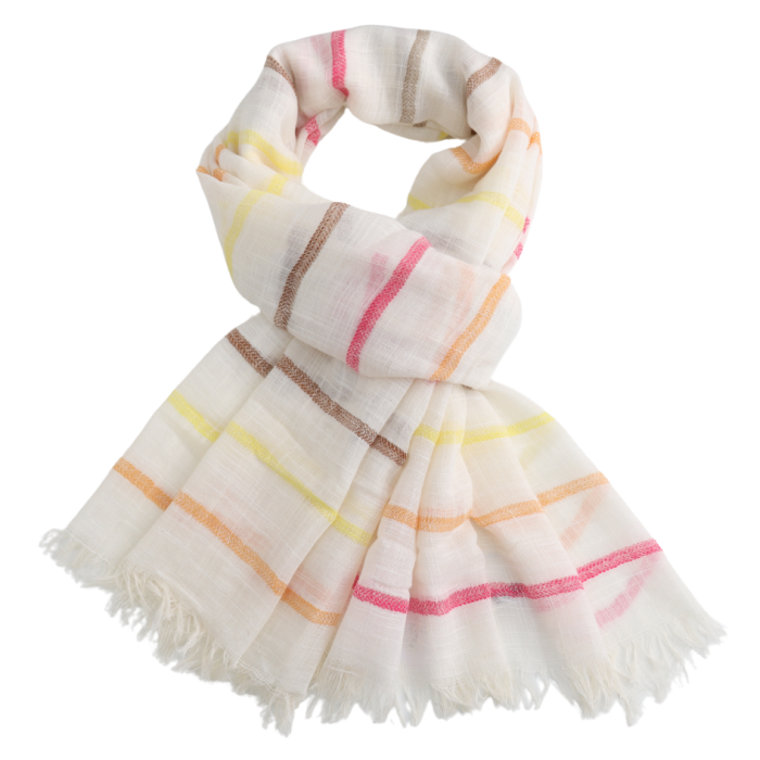 Colorful plaid scarf with fringes on a white background