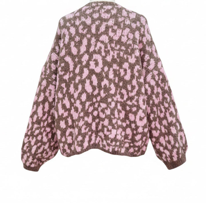 Liv Leopard Shawl Collar Cardigan (Chocolate x Pink)