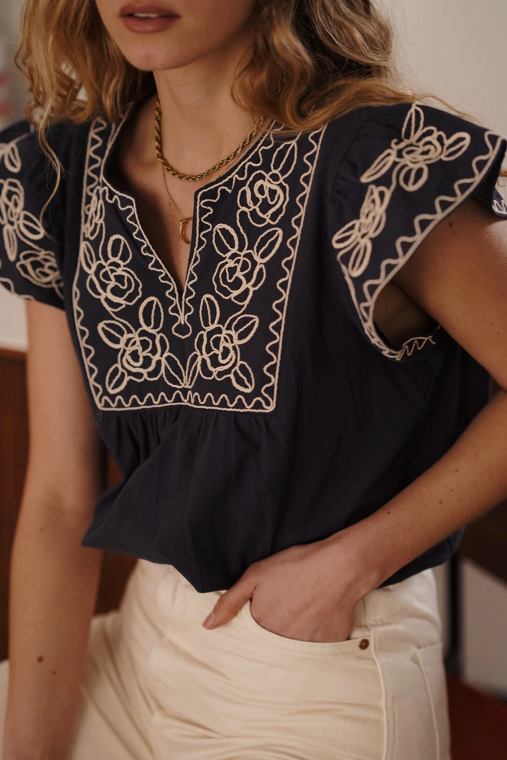 Ember Embroidered Navy Top