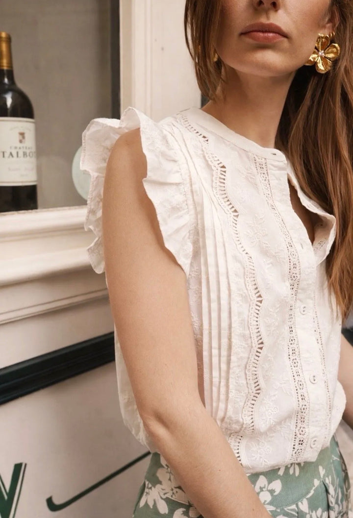 Christine Crochet Trim Embroidered Short Sleeve Blouse