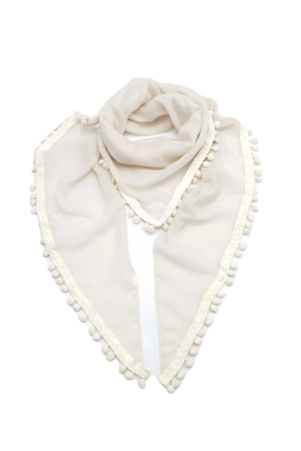 White triangle scarf with pom-pom trim on a white background