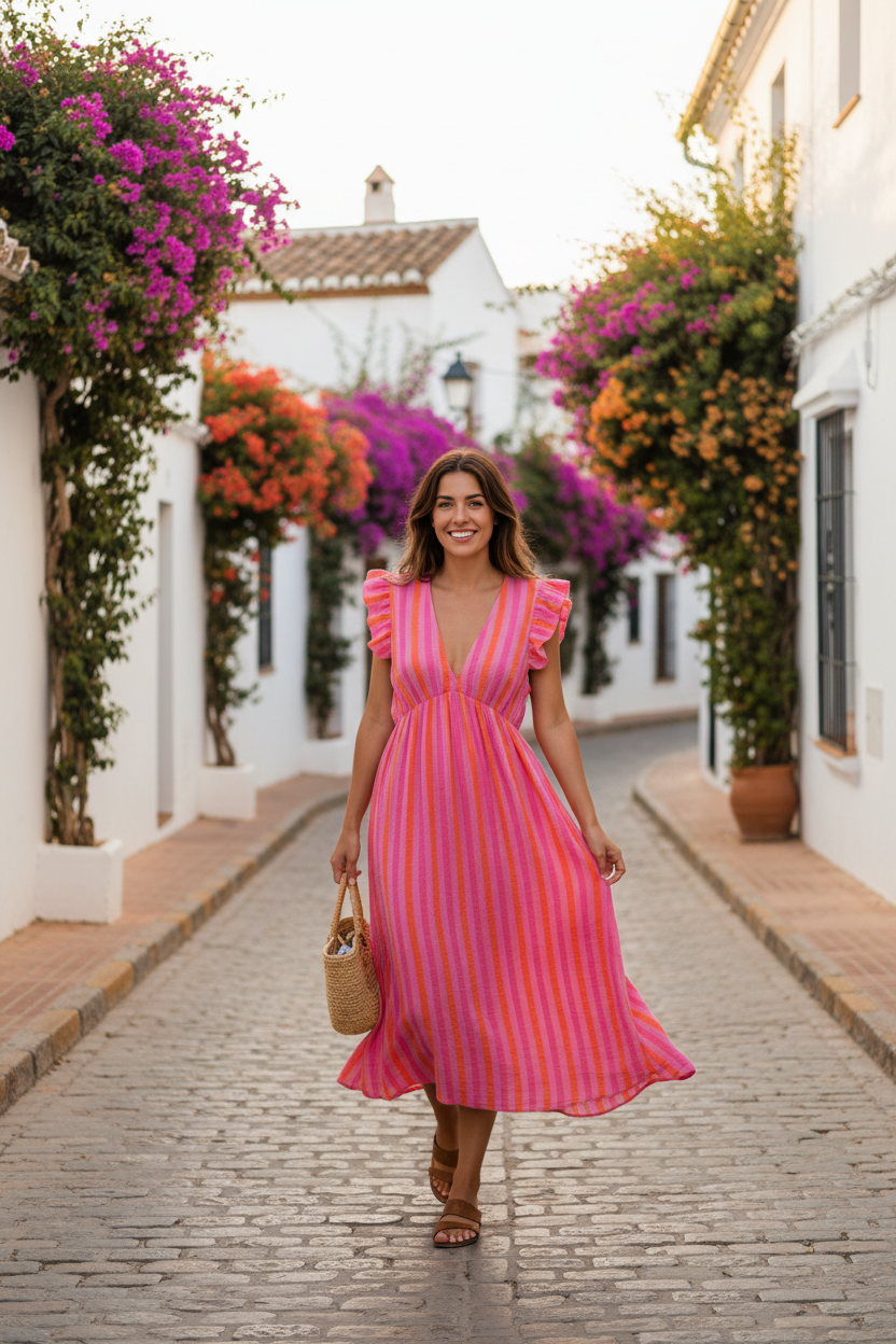 Ashton Cotton Maxi Dress Neon Pink x Neon Orange Stripe