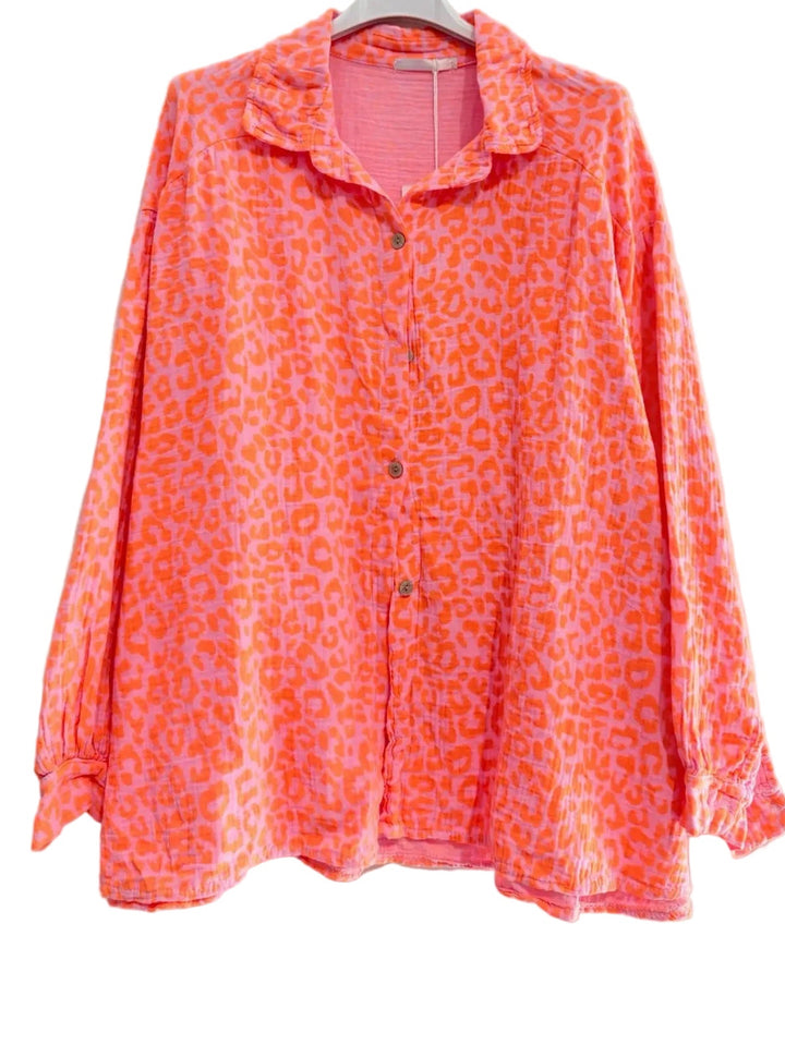 Sian Cotton Oversize Blouse | Coral Leopard