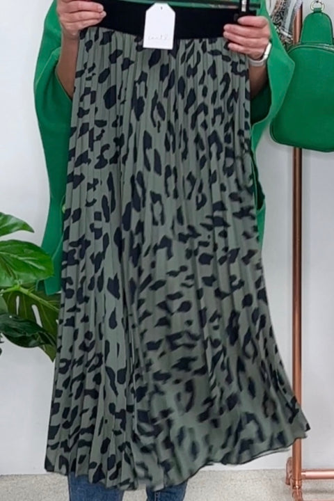 Anya Pleated Leopard Maxi Skirt | Khaki