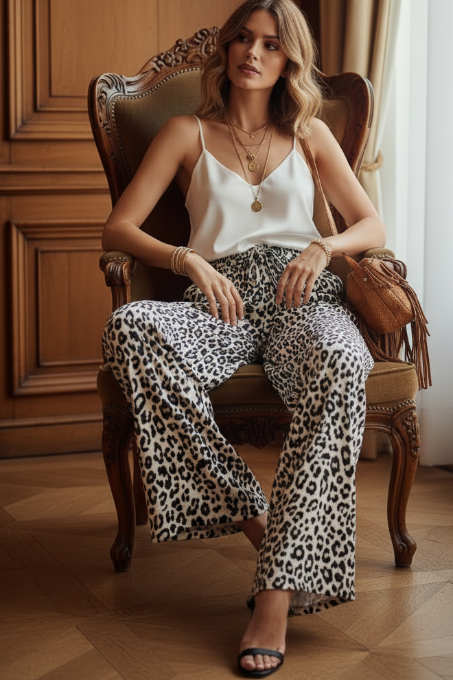 Josie Silk Blend Leopard Print Wide Leg Trousers