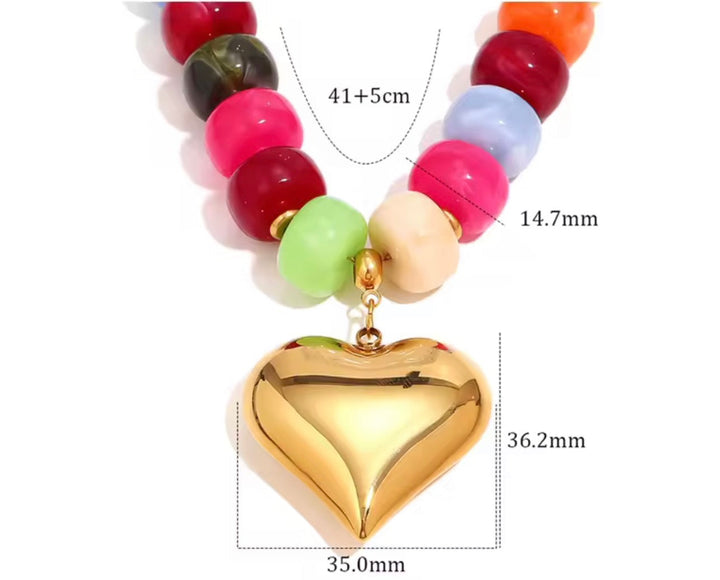 Rainbow Heart Necklace – Chunky Stainless Steel & Acrylic Bead Statement Necklace