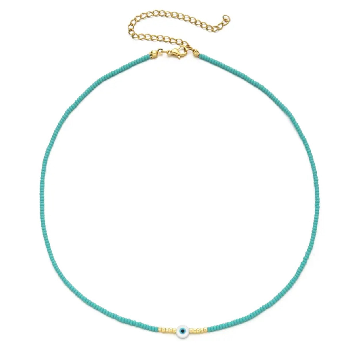 A two-tone Miyuki bead necklace with a gold-colored clasp, featuring a small eye-shaped bead as a charm on a teal and white bead chain.