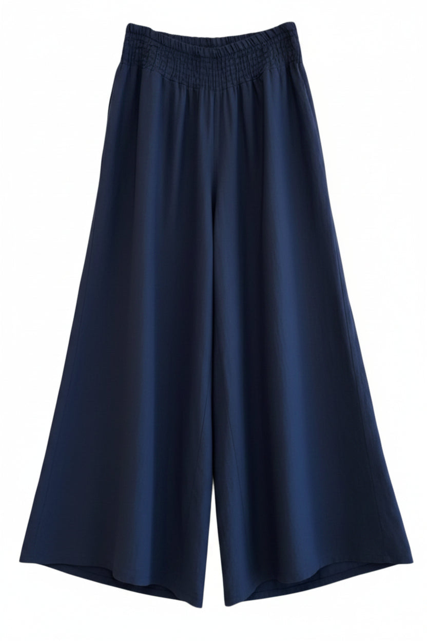Navy blue wide-leg pants on a white background