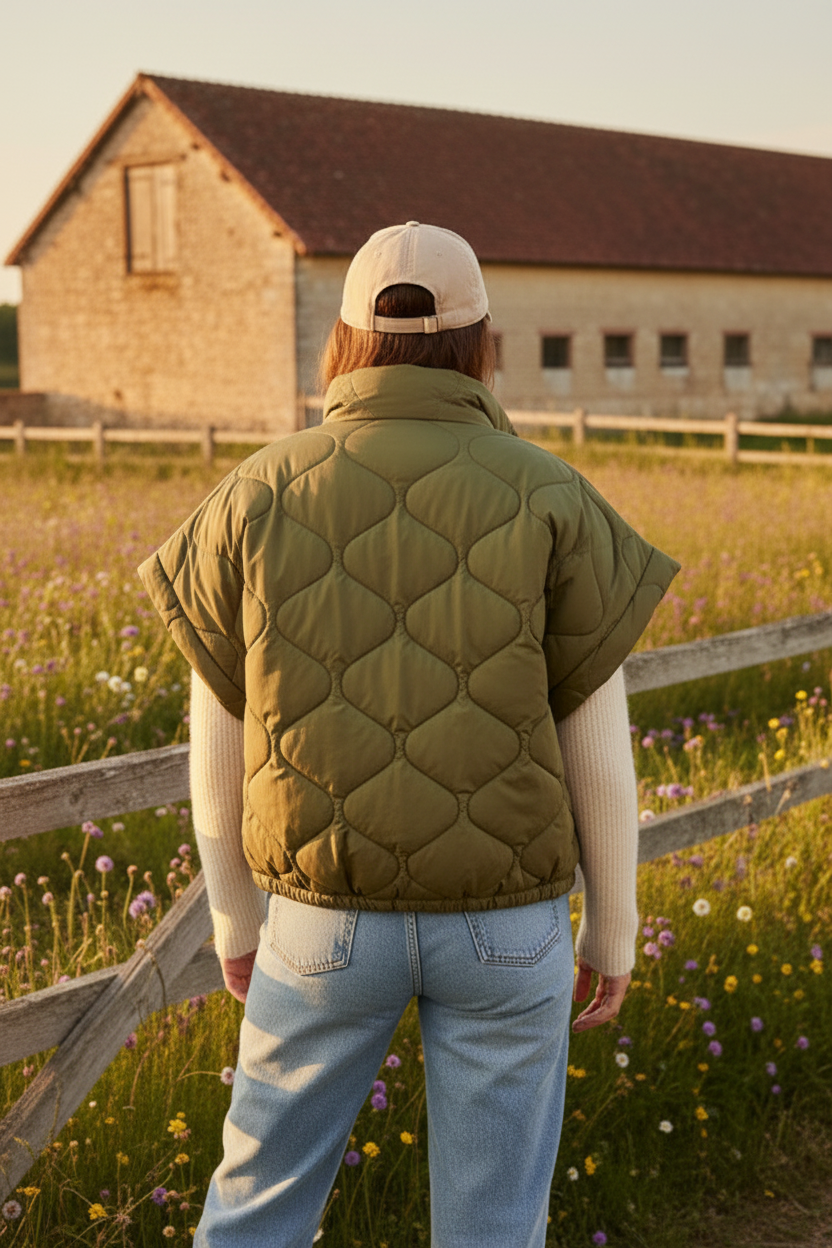 Woman wearing a green puffer vest and beige cap standing in a field with a barn in the background.