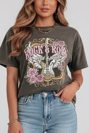 Pink Rock and Roll Washed Grey T Shirt