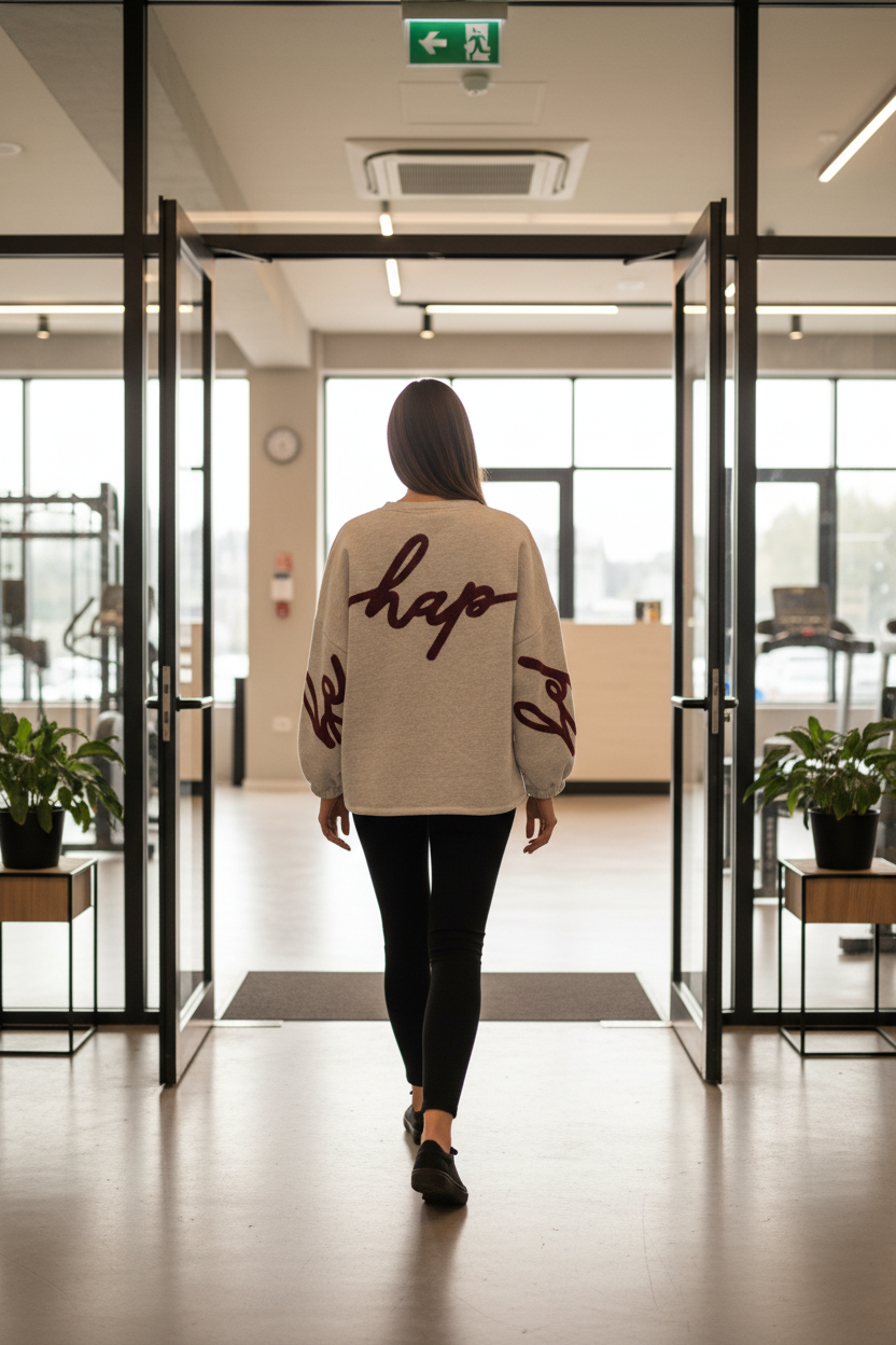 Person wearing a white sweatshirt with red text, standing in a minimalistic room with a plant.