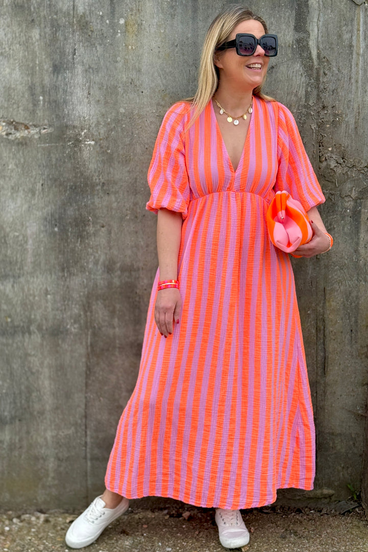 Beth Cheesecloth Cotton Dress | Lilac X Orange Stripe