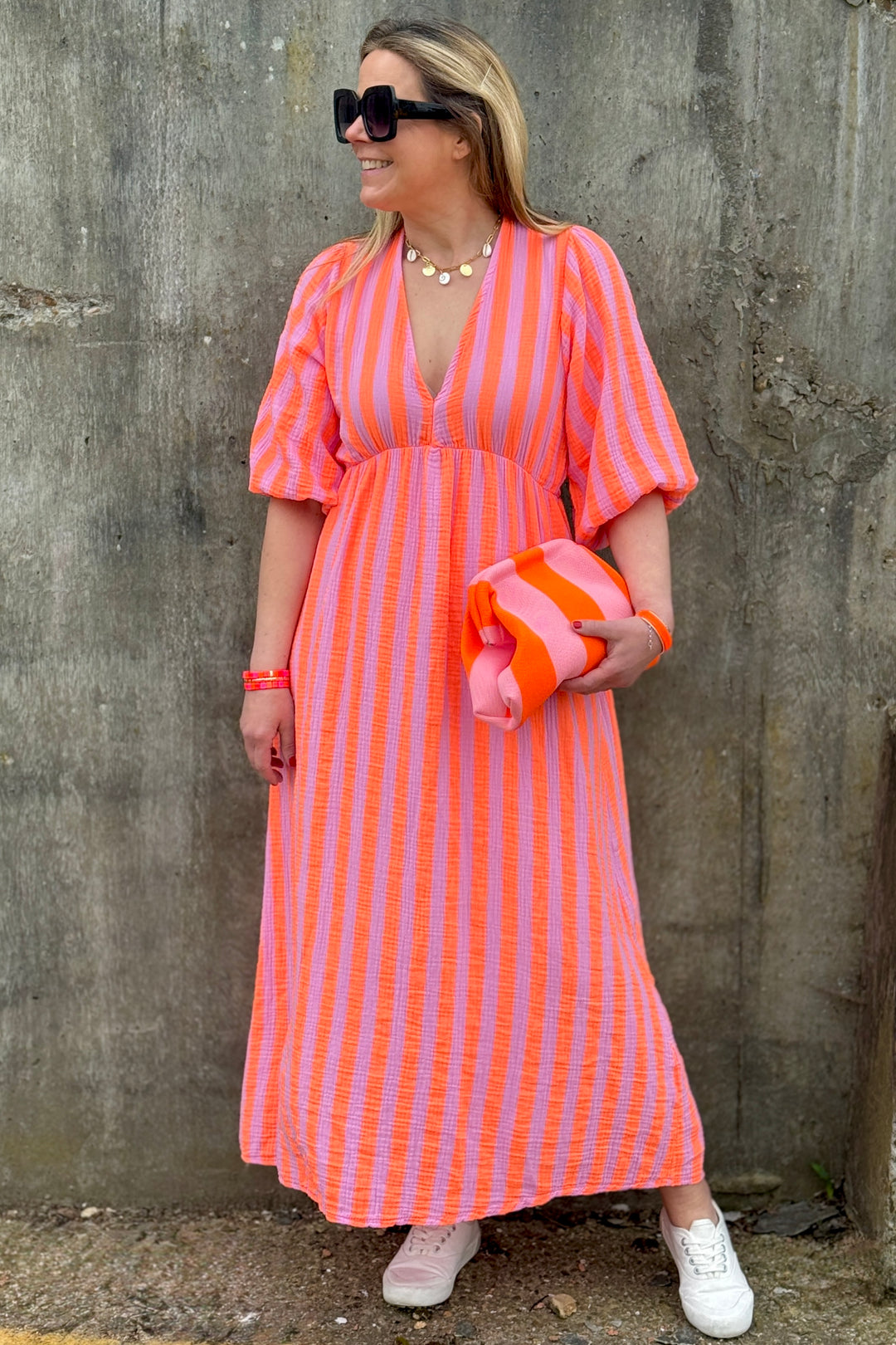 Beth Cheesecloth Cotton Dress | Lilac X Orange Stripe