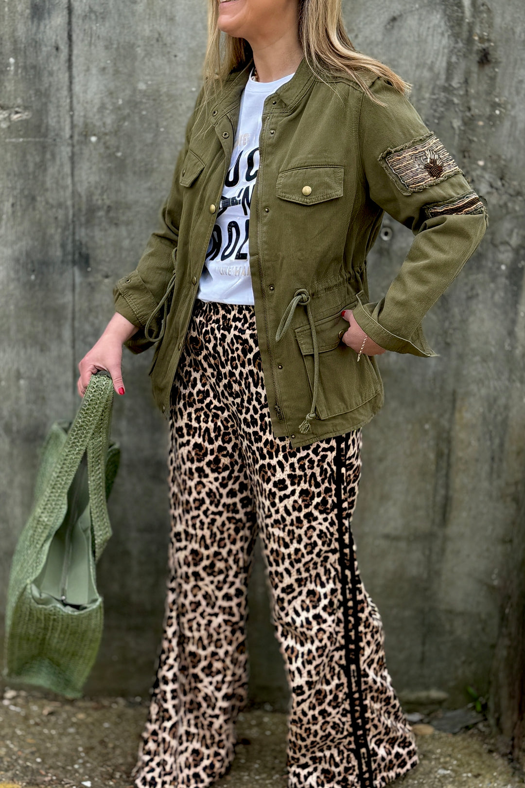 Sienna Leopard Print Side Stripe Wide Leg Joggers (Black)