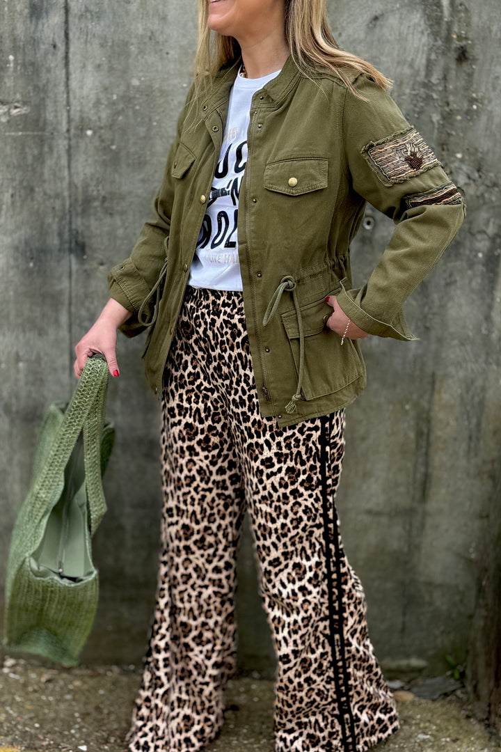 Sienna Leopard Print Side Stripe Wide Leg Joggers (Black)