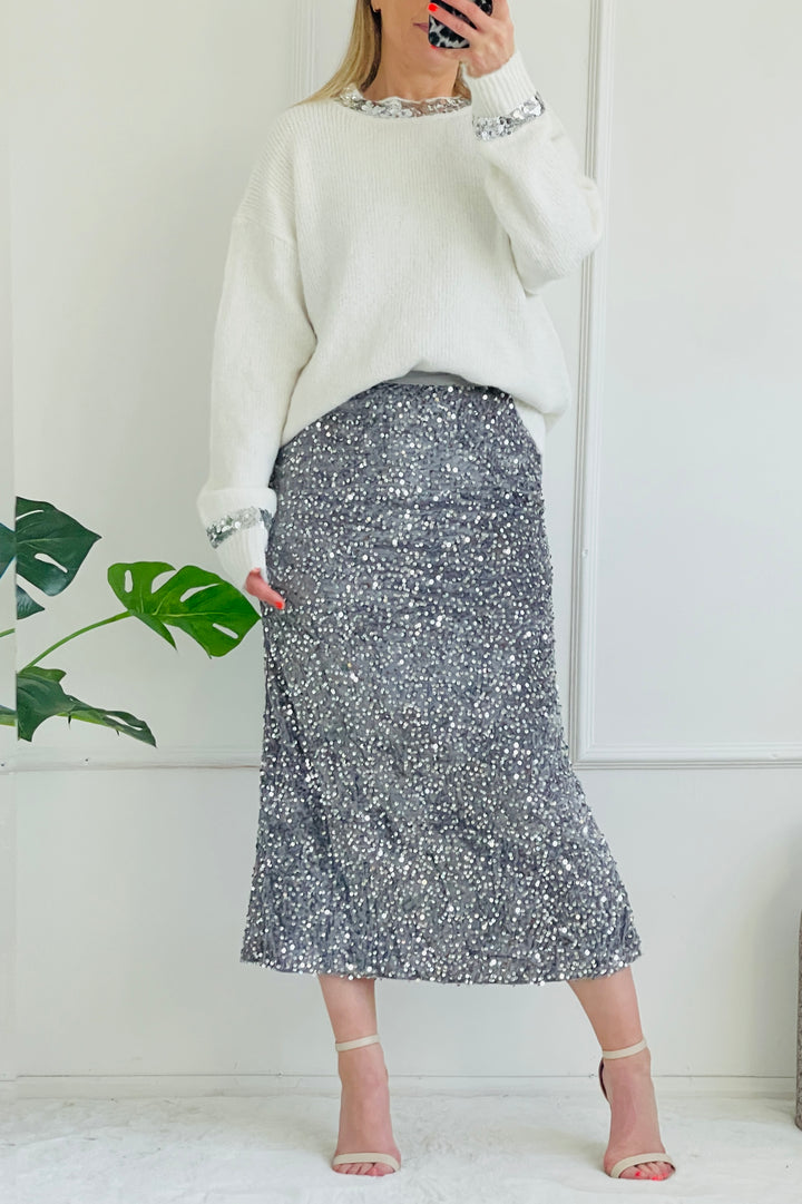 Ruthie Sequin Velvet Skirt | Silver