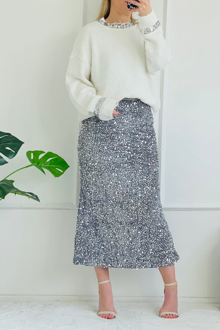 Ruthie Sequin Velvet Skirt | Silver