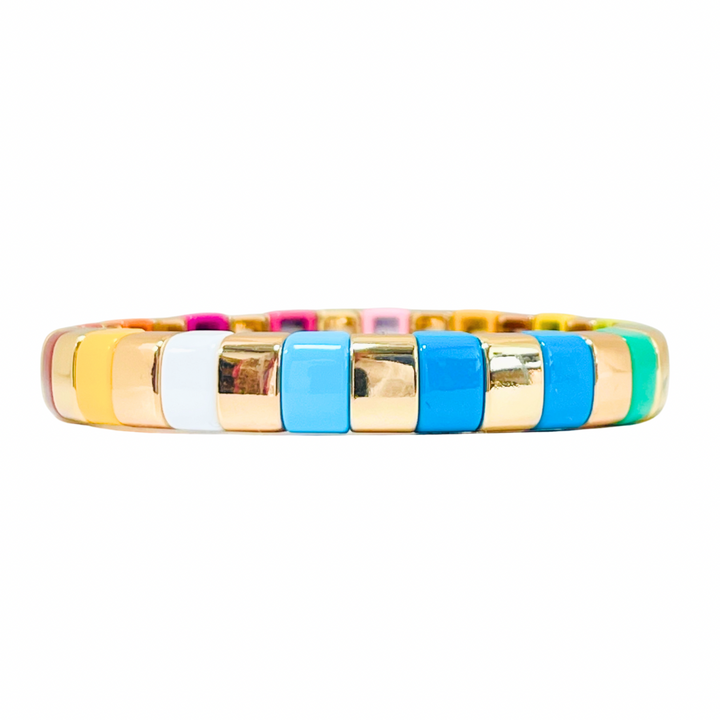 Boho Enamel Tile Bracelet | Curved Rainbow with Square Tiles