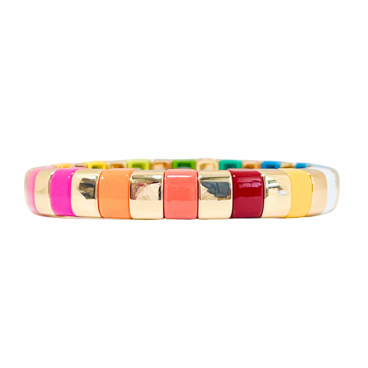 Boho Enamel Tile Bracelet | Curved Rainbow with Square Tiles