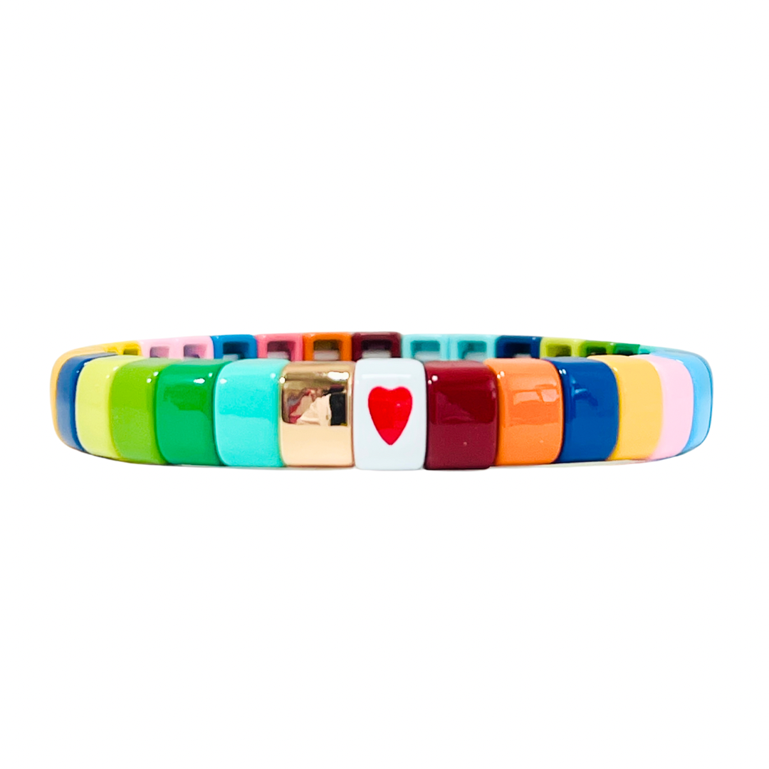 Boho Enamel Tile Bracelet | Curved Rainbow Solo Heart